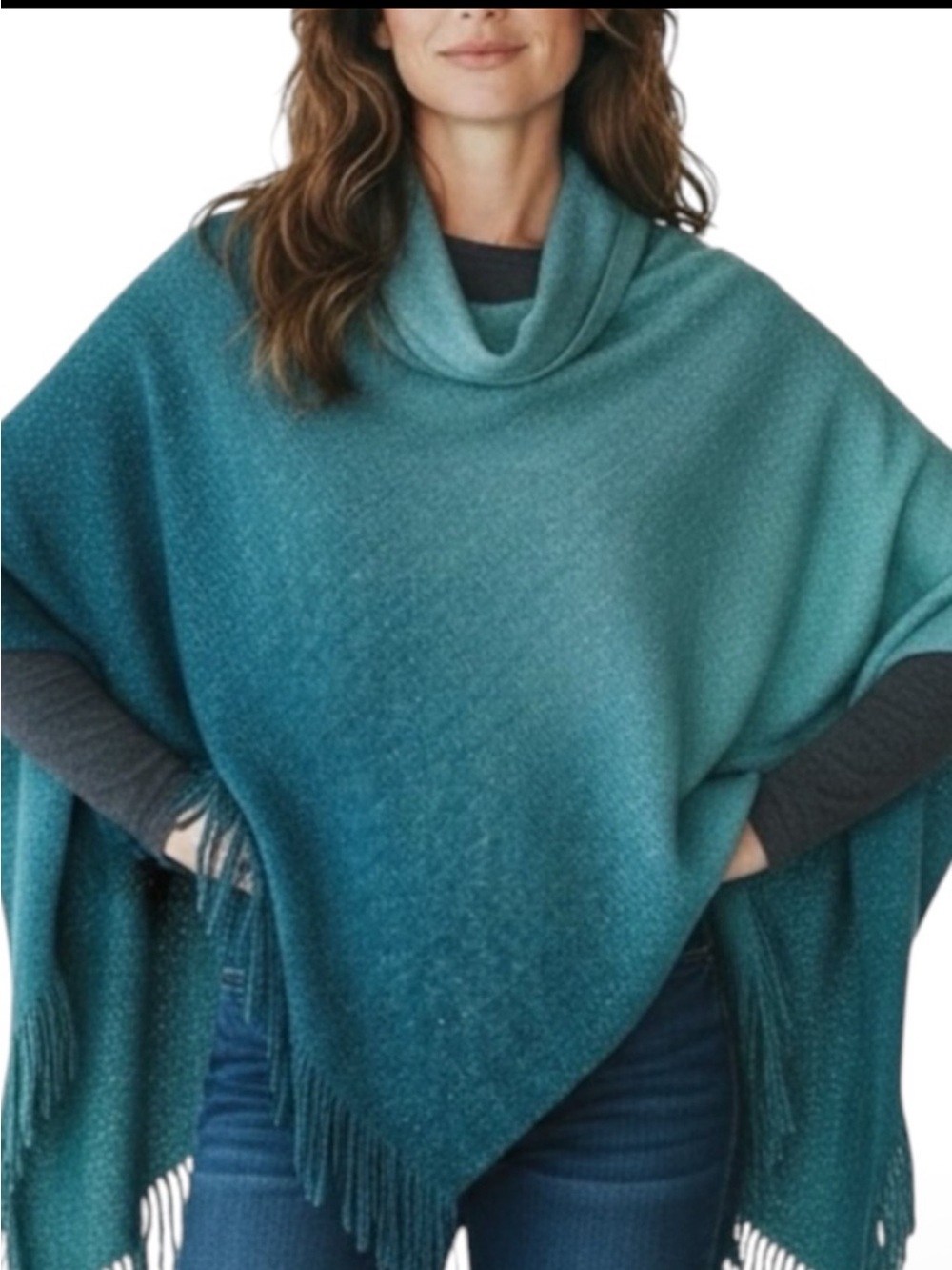CHICOs Knit Cowl Neck Poncho with Fringe in Teal Ombré Size S/M — SO PRETTY!!! - Picture 9 of 9